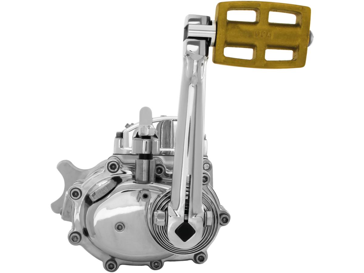 6-into-4 70-Early 84 Complete Transmission with Ear, Standard Shift Pattern Polished Case, Mechanical Kicker Cover, Bearing Doors and Top Covers Aluminium Polished Cable Clutch