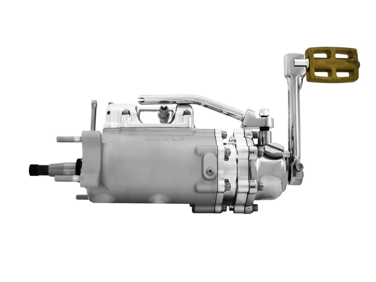 6-into-4 70-Early 84 Complete Transmission with Ear, Standard Shift Pattern Polished Case, Mechanical Kicker Cover, Bearing Doors and Top Covers Aluminium Polished Cable Clutch