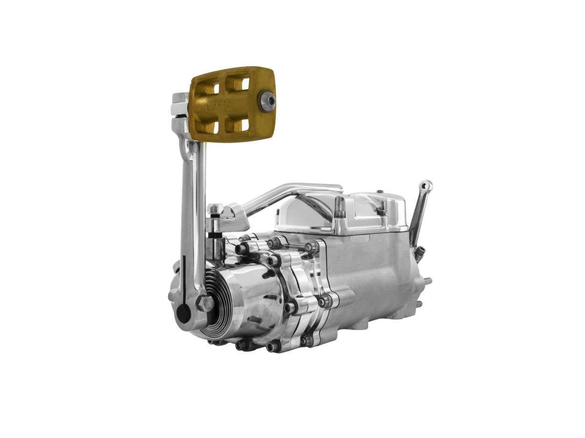 6-into-4 70-Early 84 Complete Transmission with Ear, Standard Shift Pattern Polished Case, Mechanical Kicker Cover, Bearing Doors and Top Covers Aluminium Polished Cable Clutch