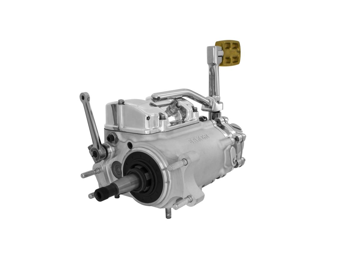 6-into-4 70-Early 84 Complete Transmission with Ear, Standard Shift Pattern Polished Case, Mechanical Kicker Cover, Bearing Doors and Top Covers Aluminium Polished Cable Clutch