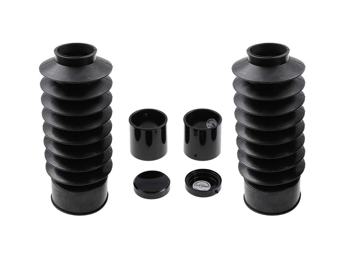 6-Piece Fork Covers with lower Fork Rubbers Short Version, with Cult-Werk Logo, with OEM Headlamp Mask and relocated OEM Front Turn Signals Black Gloss Powder Coated